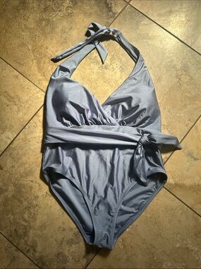 Light Blue Gray metallic Halter One-Piece Swimsuit with Waist Tie